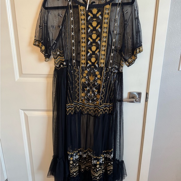 Free People Sabrina sheer Black and Gold Embroidered Midi Dress - Picture 8 of 8